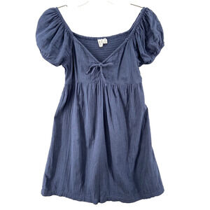 Roxy Dress Womens Sz L Blue Smocked Bow Front Puff Sleeve Gauzy Knee‎ Length